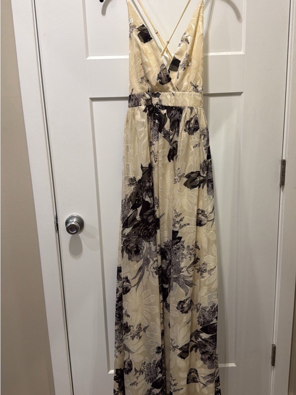 Floral Print Cream Maxi Dress with Black Floral Accents